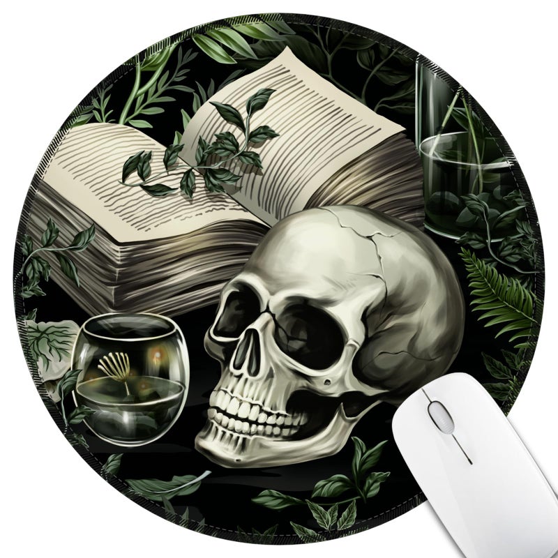 Hancynir Funny Goth Skull Mouse Pad for Desk, Gothic Book Plant Small Mousepad with Non-Slip Base, Round Mouse Pads for Laptop Gaming, Computer Mouse Mat for Office Decor Accessories Supplies - Image 1